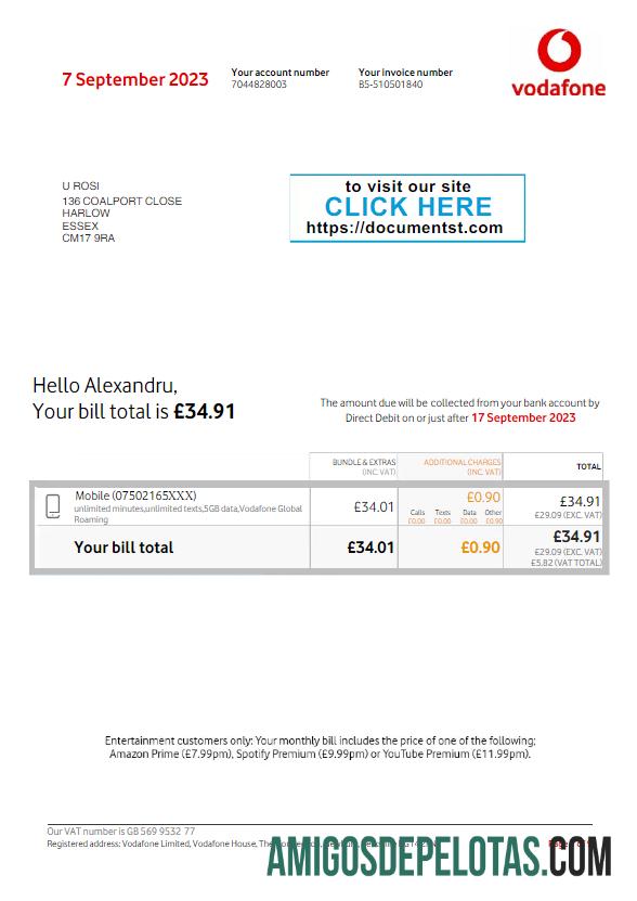 em branco REINO UNIDO VODAFONE Utility Bill Modelo Word e PDF, Versão 3